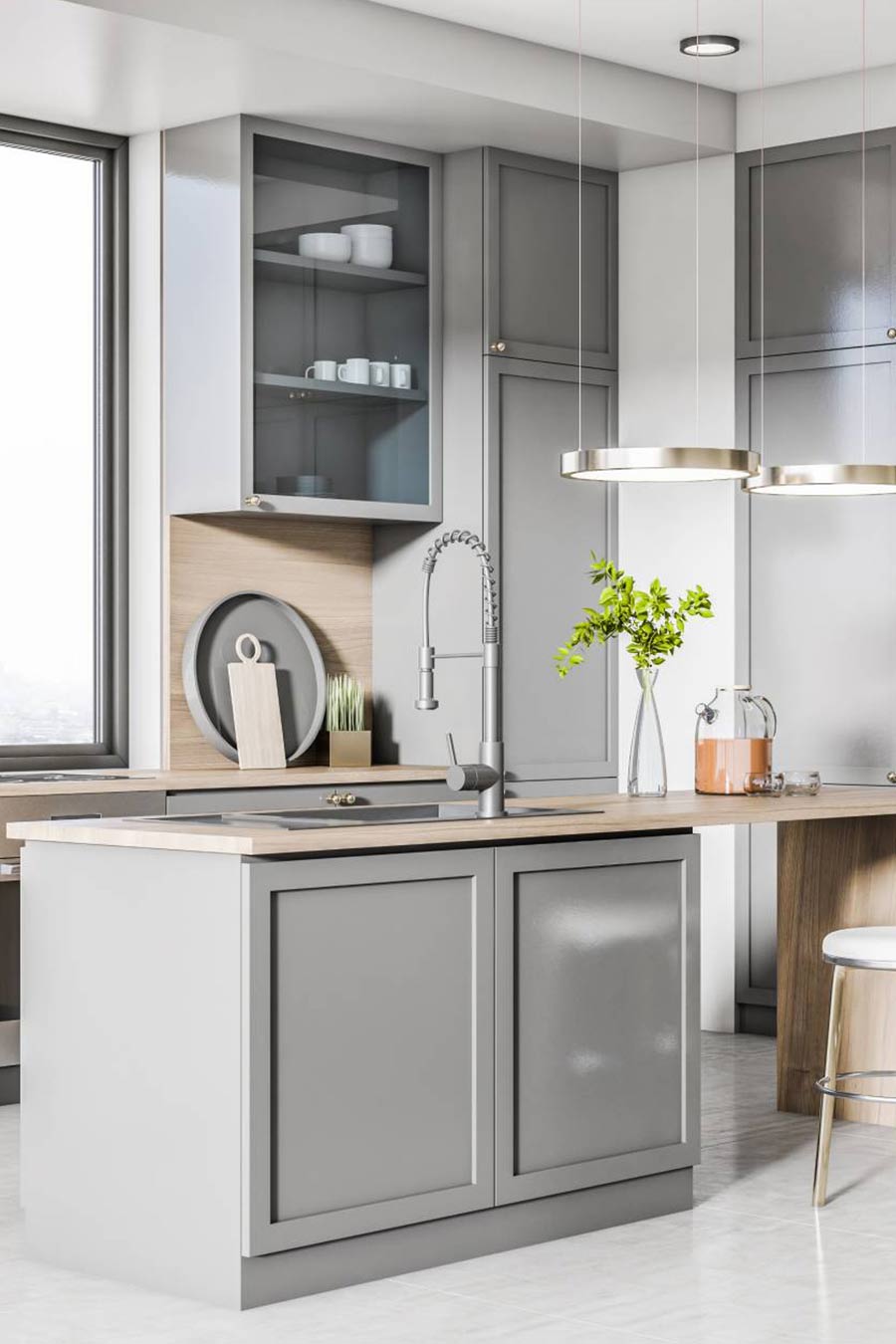 Modern kitchen showcasing 2025 design trends with smart appliances and sustainable materials